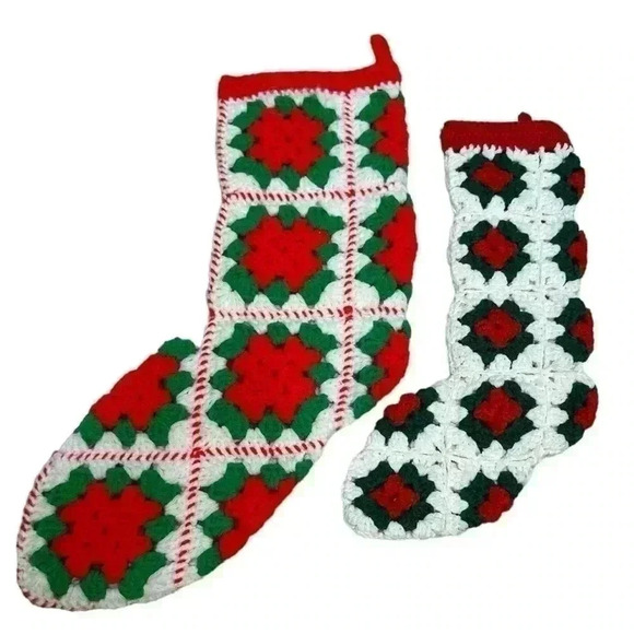 Vintage Christmas Stocking set Crochet Granny Square - Picture 2 of 2
